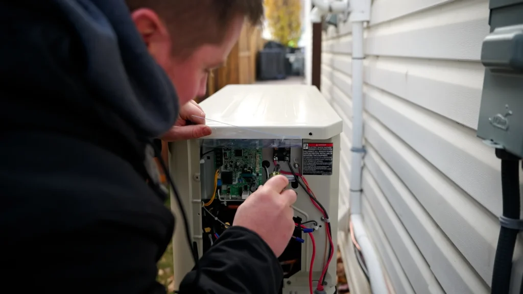 e2 Solution electrician in Calgary working on outdoor electrical system wiring.